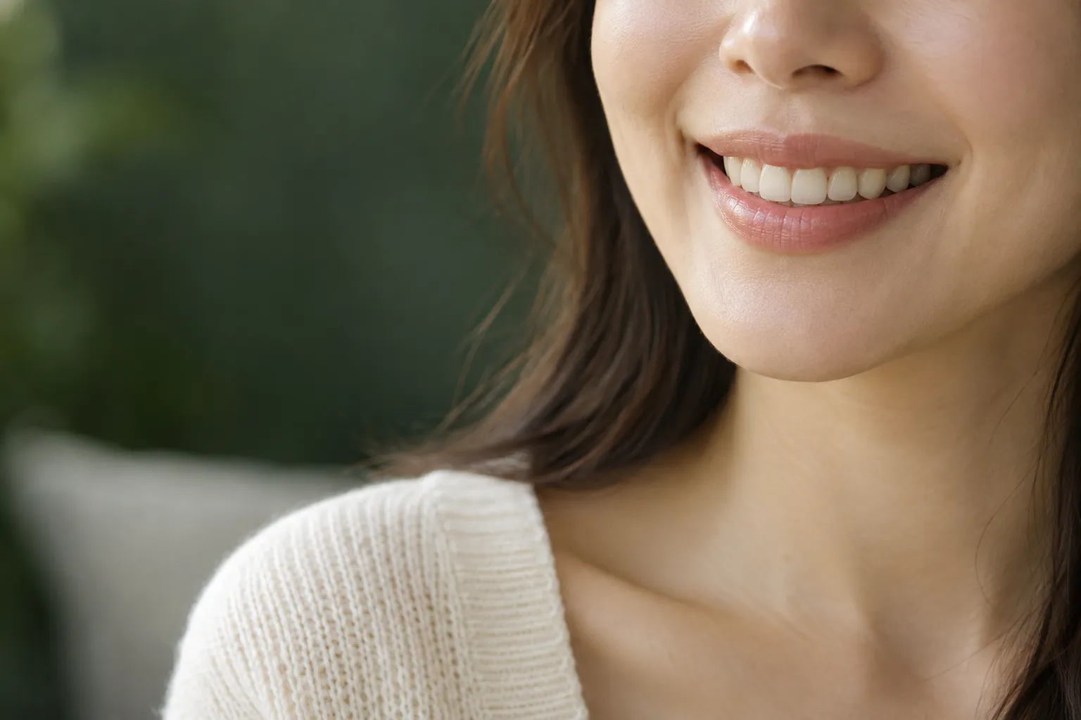 자연스러운 미소 — 입술과 어울리는, 너무 하얗지 않은 앞니