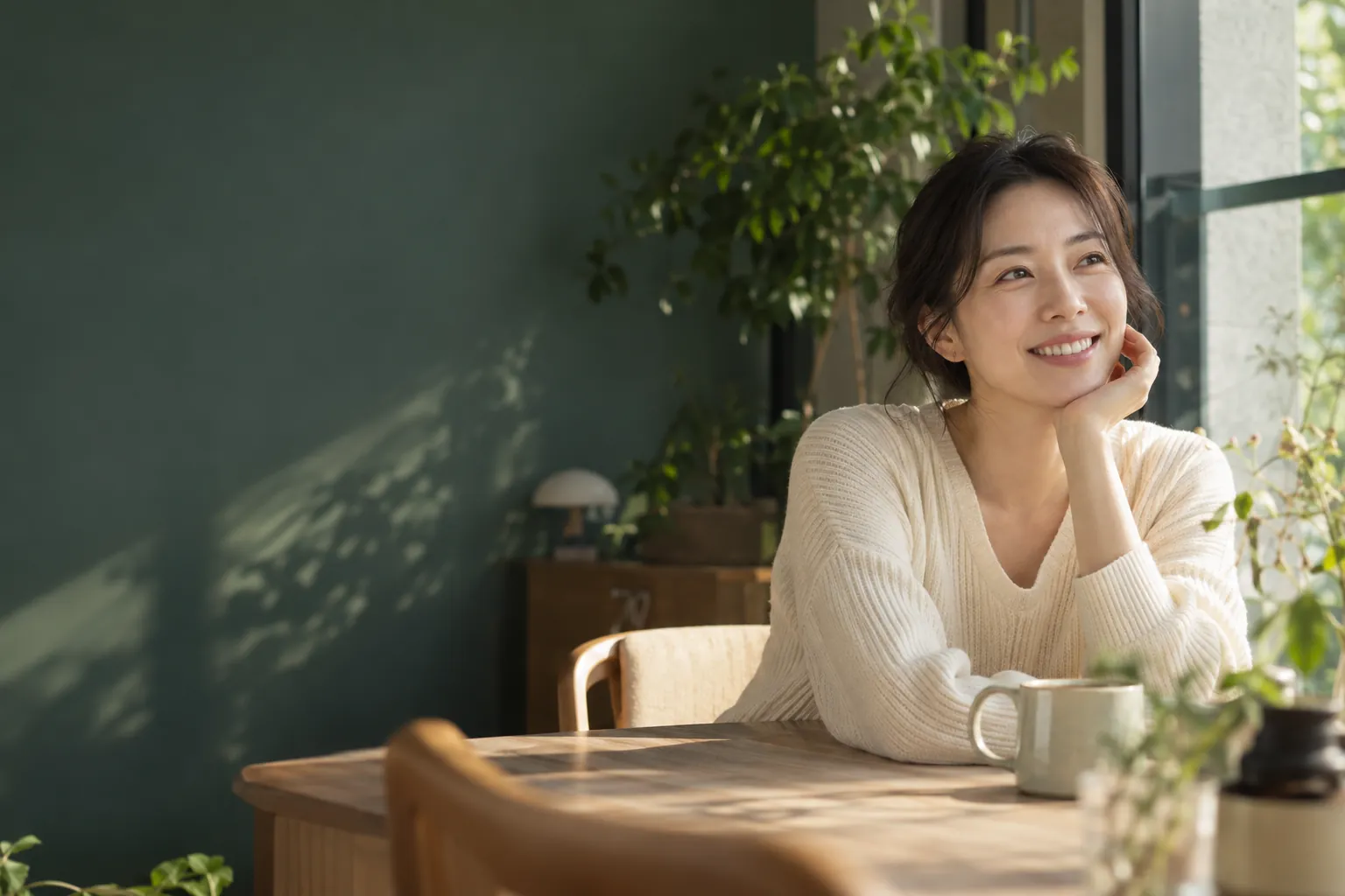 창가에서 자연스럽게 웃는 30대 여성